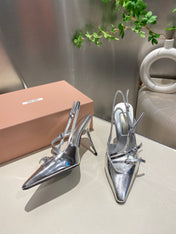 CROSS STRAP HIGH HEELED SLINGBACK IN SILVER METALLIC GLOSSY SHEEPSKIN