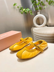 MIUMIU 26S RUCHES NAPPA BALLERINAS IN YELLOW SUEDE AND FABRIC