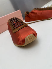 MIUMIU 26S SNEAKERS IN RUST RED PLUME SATIN