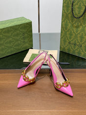 GG HIGH SLINGBACK 10.5 CM IN FUSICA PINK GLOSSY CALFSKIN WITH GOLD HARDWARE