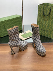 GG SHORT BOOTS 11.5 CM IN BLACK MIX BEIGE MONOGRAM JACQUARD FABRIC