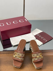 HIGH 6.3 CM WEDGE SANDALS IN BROWN CALFSKIN AND FABRIC