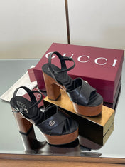 GUCCI 26S DOUBLE G LOGO PLATFORM SANDAL HEELS 130MM IN BLACK CALFSKIN