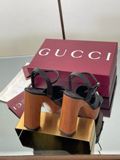 GUCCI 26S DOUBLE G LOGO PLATFORM SANDAL HEELS 130MM IN BLACK CALFSKIN
