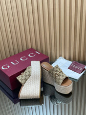 GUCCI 26S WEDGE SANDALS 110 MM IN BEIGE CANVAS GG MONOGRAM