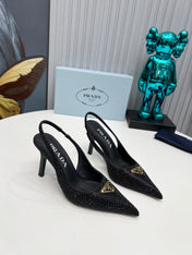 CRYSTAL SATIN HIGH-HEEL SLING BACK PUMPS BLACK