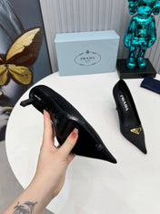 PRADA 26S POINTED TOE PUMPS STILETTO HEEL 80MM IN BLACK SATIN