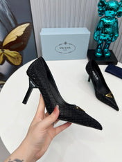 CRYSTAL HIGH-HEEL PUMPS IN BLACK SATIN WITH TRIANGLE LOGO