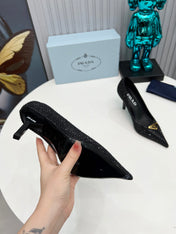 CRYSTAL HIGH-HEEL PUMPS IN BLACK SATIN WITH TRIANGLE LOGO