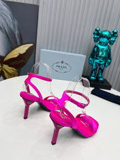 PRADA 26S ANKLE STRAP SANDALS STILETTO HEEL 80MM IN FUCHSIA PINK SATIN