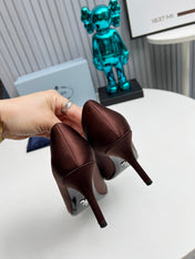 HIGH POINTED-TOE PUMPS IN CHOCOLATE MIX SILVER SATIN