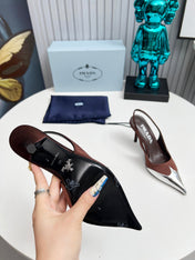 HIGH SLING BACK PUMPS IN SILVER MIX CHOCOLATE SATIN