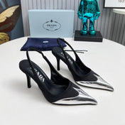 HIGH SLING BACK PUMPS IN SILVER MIX BLACK SATIN