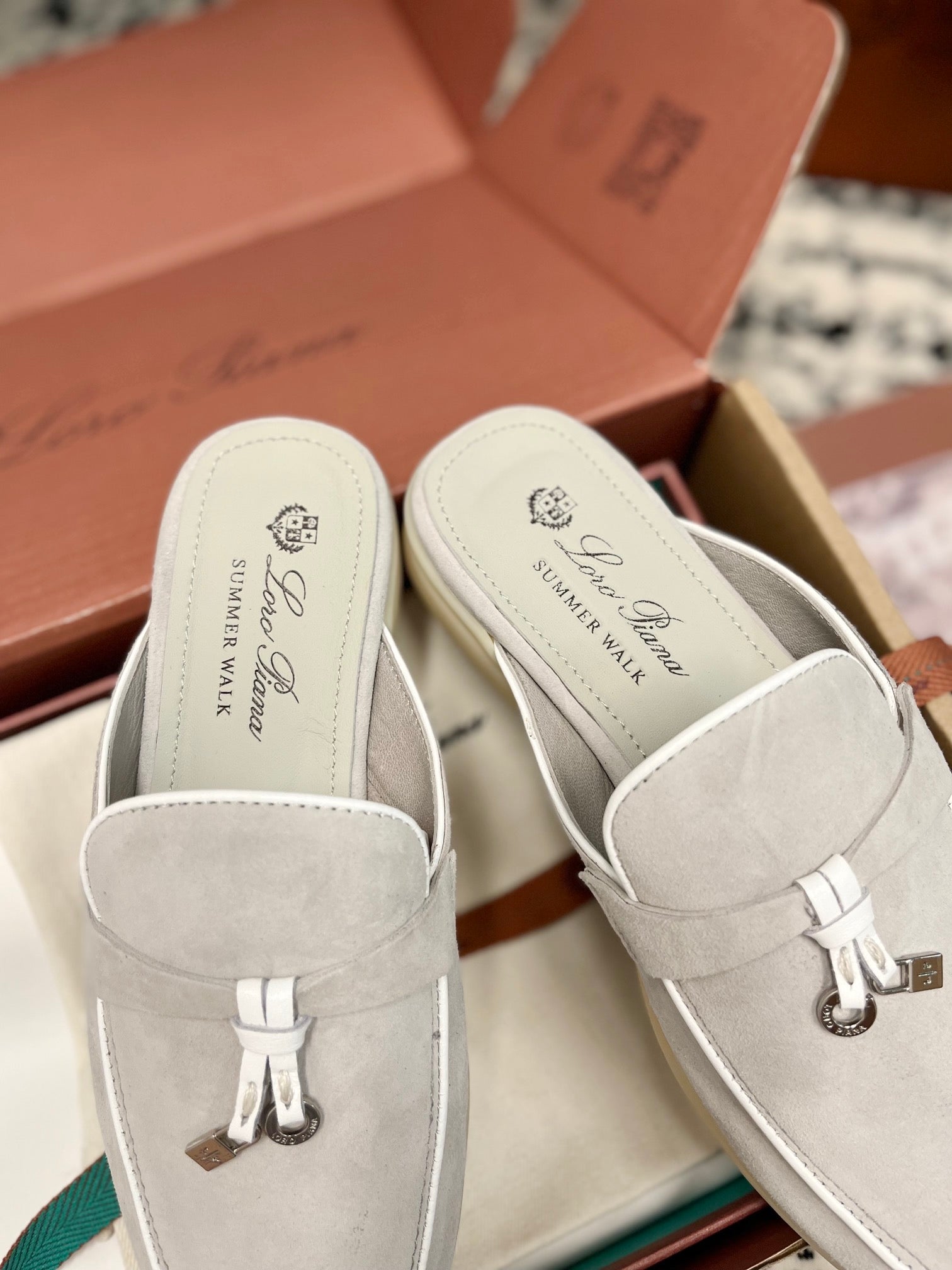 Loro Piana Grey White Suede Charms Walk Flat Mules