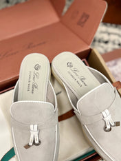 Loro Piana Grey White Suede Charms Walk Flat Mules