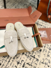 Loro Piana Grey White Suede Charms Walk Flat Mules