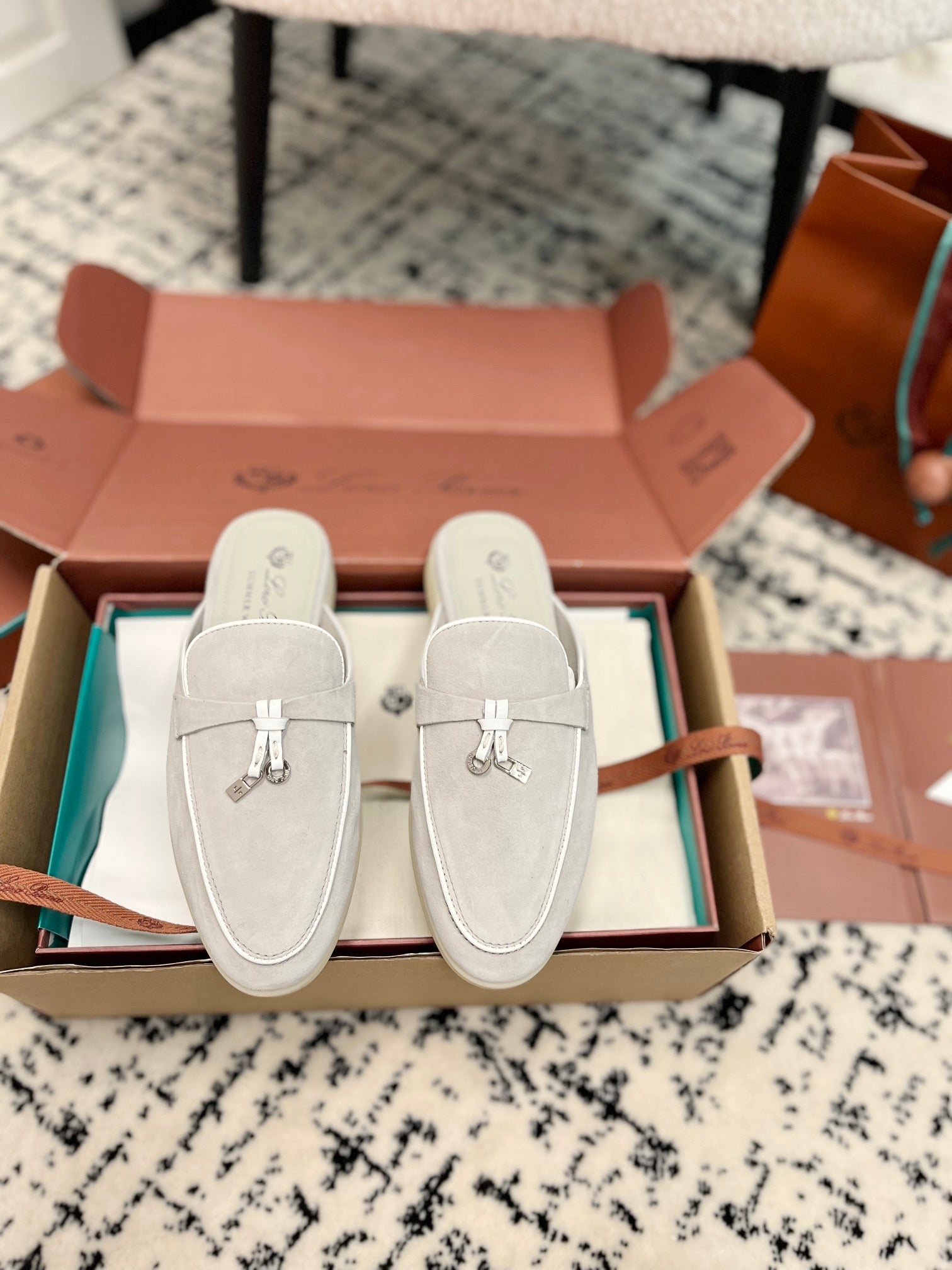 Loro Piana Grey White Suede Charms Walk Flat Mules