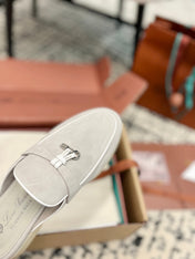Loro Piana Grey White Suede Charms Walk Flat Mules