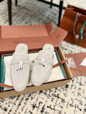 Loro Piana Grey White Suede Charms Walk Flat Mules