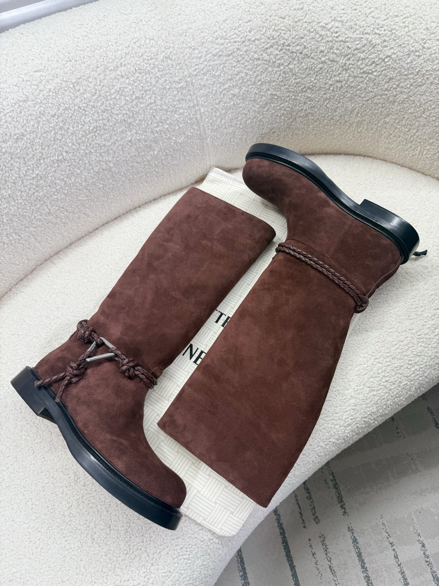 BOTTEGA VENETA 26S TALL BOOTS IN BROWN SUEDE WITH ROPE DETAIL