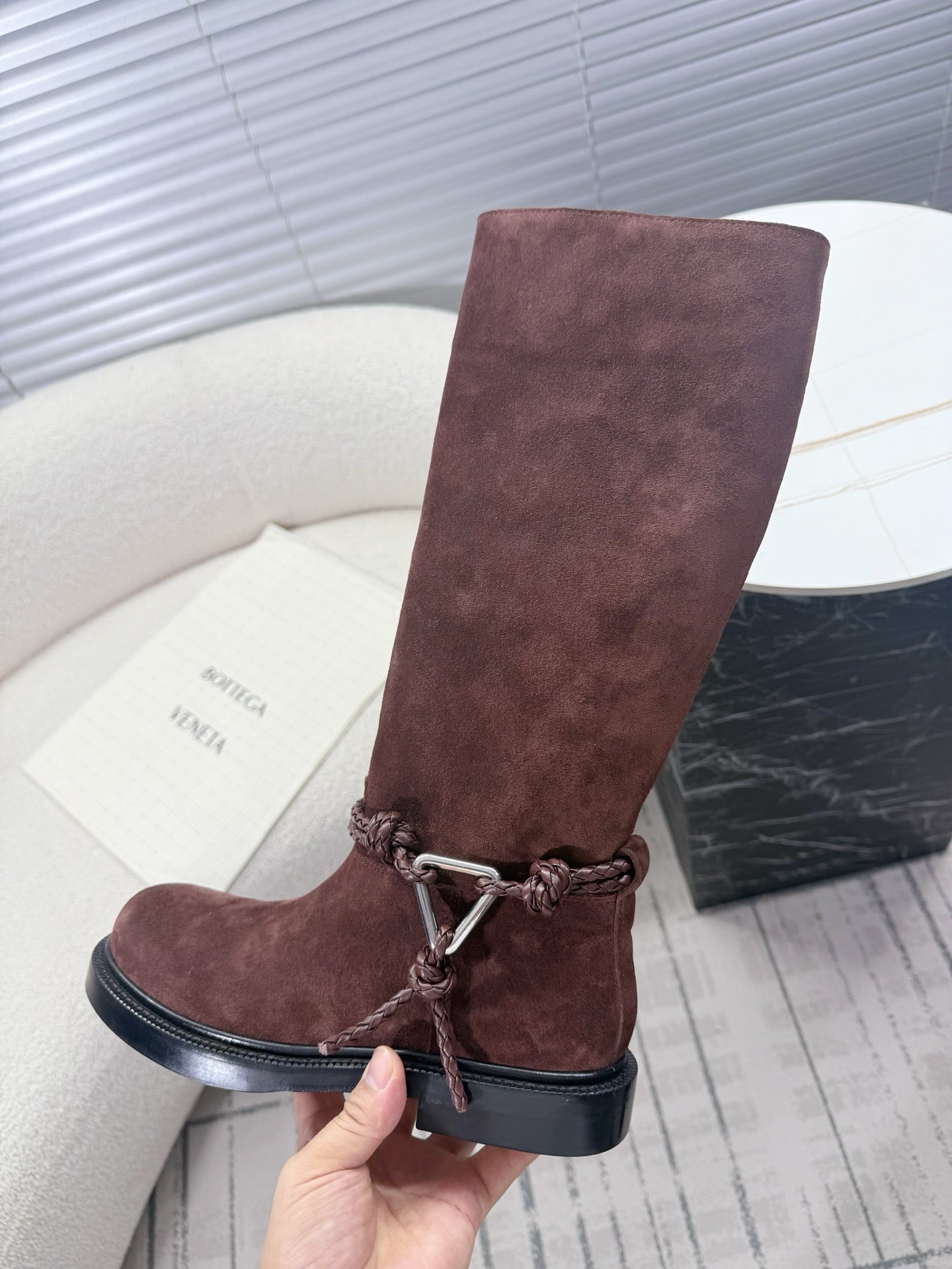 BOTTEGA VENETA 26S TALL BOOTS IN BROWN SUEDE WITH ROPE DETAIL