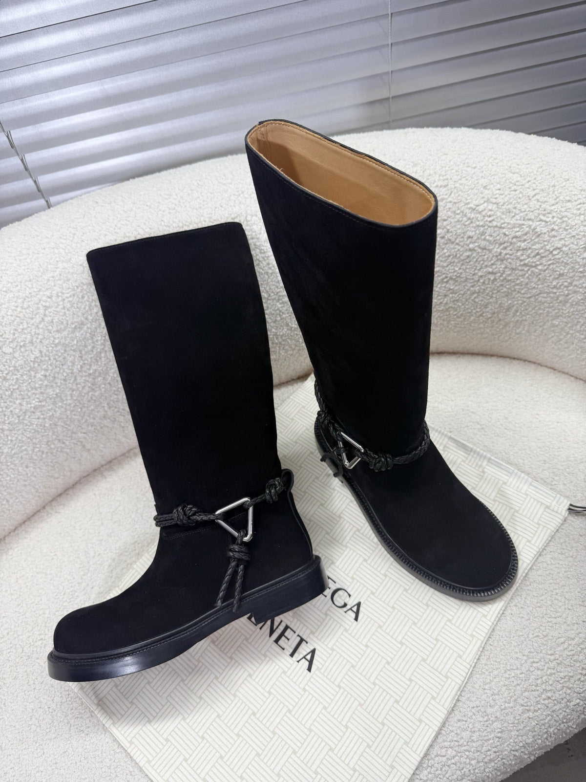 BOTTEGA VENETA 26S TALL BOOTS IN BLACK SUEDE WITH ROPE DETAIL