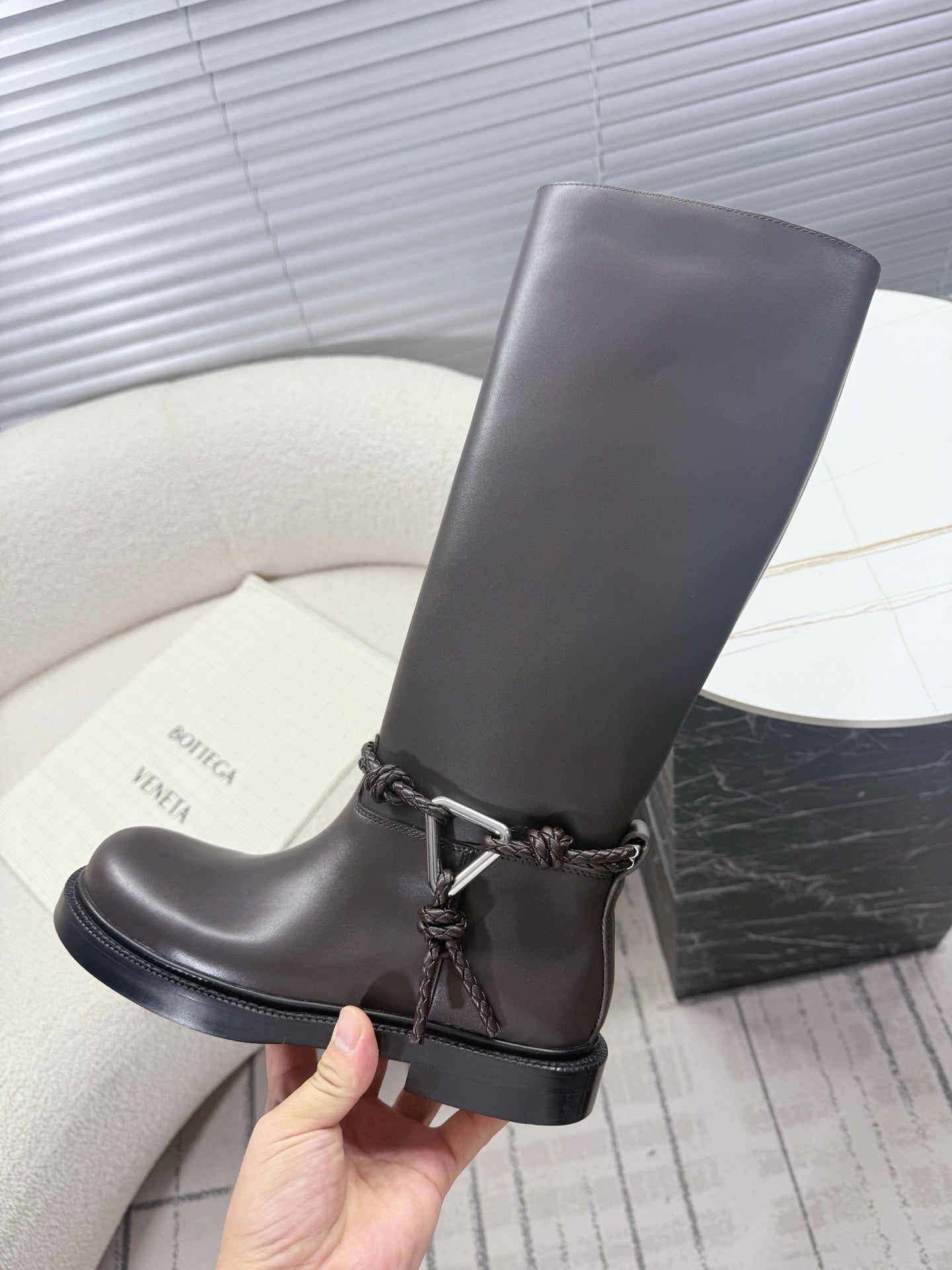 BOTTEGA VENETA 26S TALL BOOTS IN DARK BROWN CALFSKIN WITH ROPE DETAIL