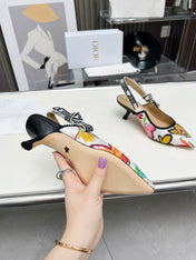 J'ADIOR SLINGBACK PUMP COLORFUL NATURAL RAFFIA AND EMBROIDERED COTTON 65 MM 130844