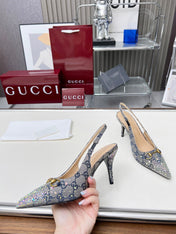 HORSEBIT SLINGBACKS IN DOVE GRAY MONOGRAM FABRIC WITH CRYSTALS