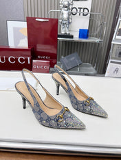 HORSEBIT SLINGBACKS IN DOVE GRAY MONOGRAM FABRIC WITH CRYSTALS