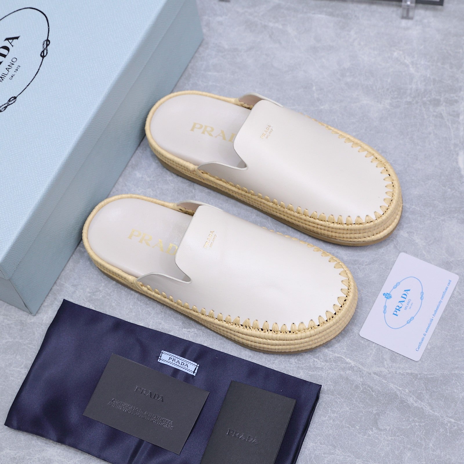 PRADA 26S MULES ESPADRILLES IN WHITE CALFSKIN