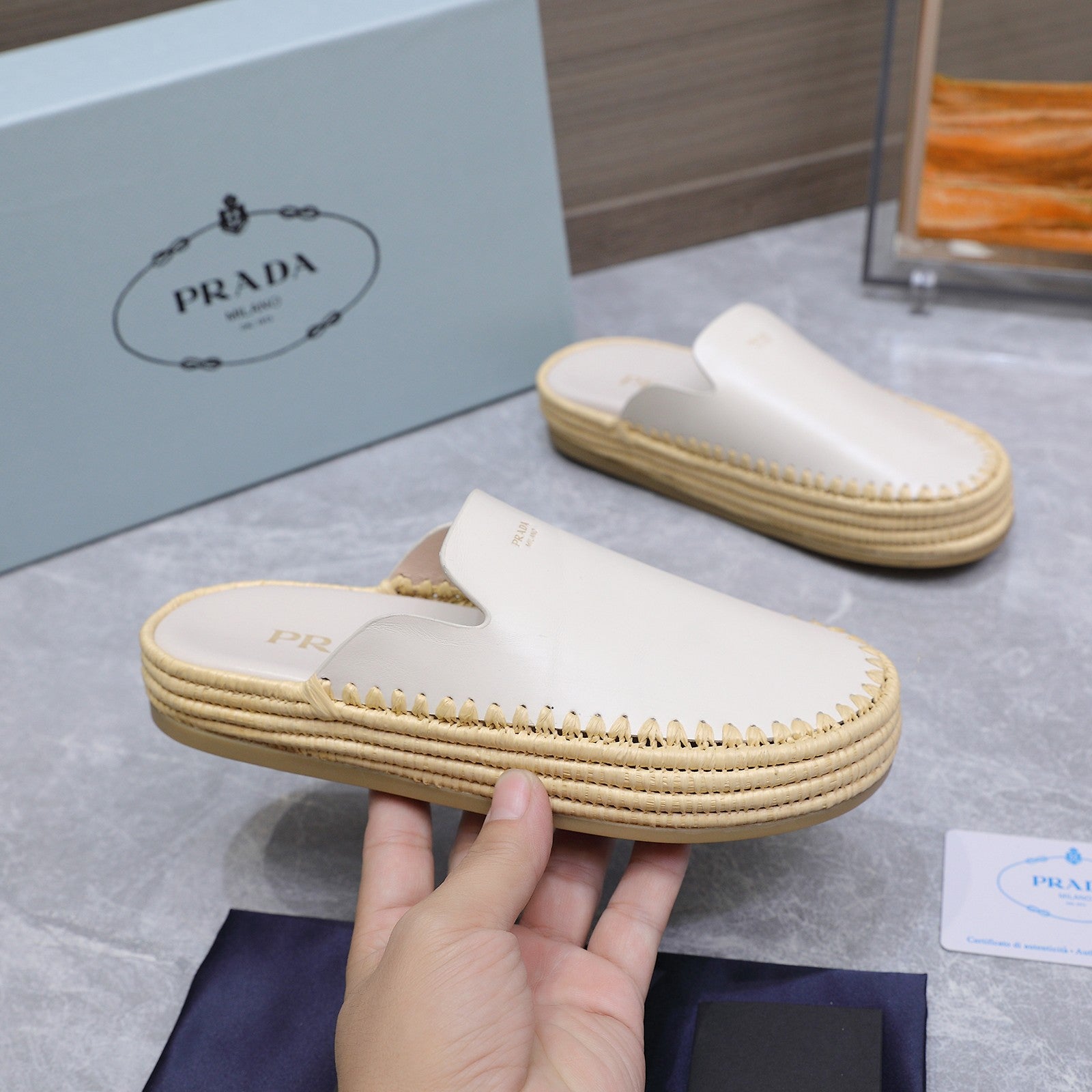 PRADA 26S MULES ESPADRILLES IN WHITE CALFSKIN