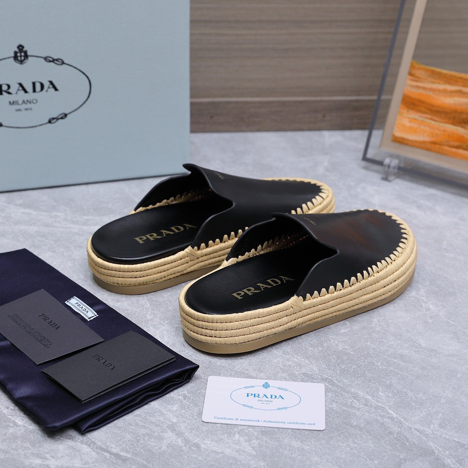 PRADA 26S MULES ESPADRILLES IN BLACK CALFSKIN