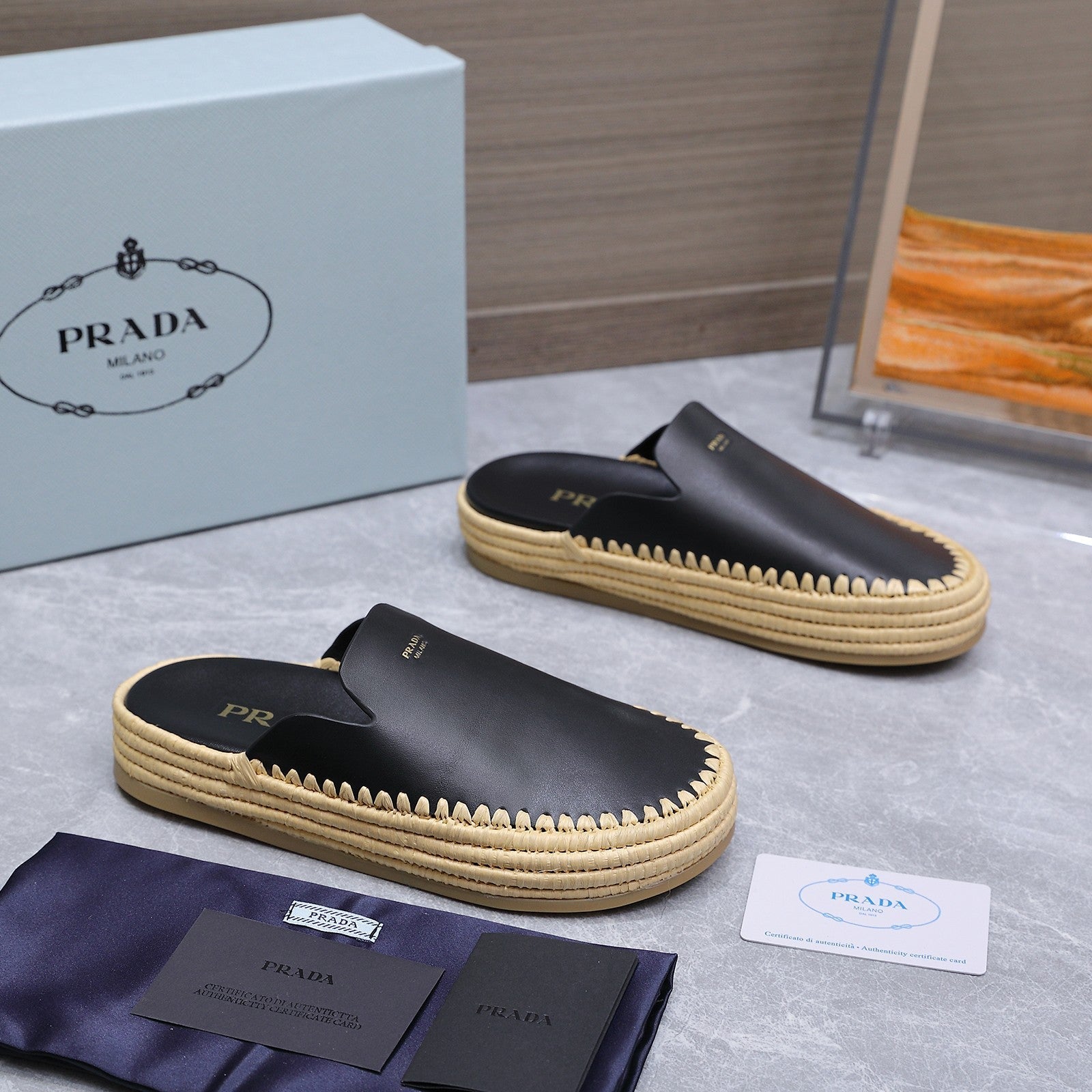PRADA 26S MULES ESPADRILLES IN BLACK CALFSKIN