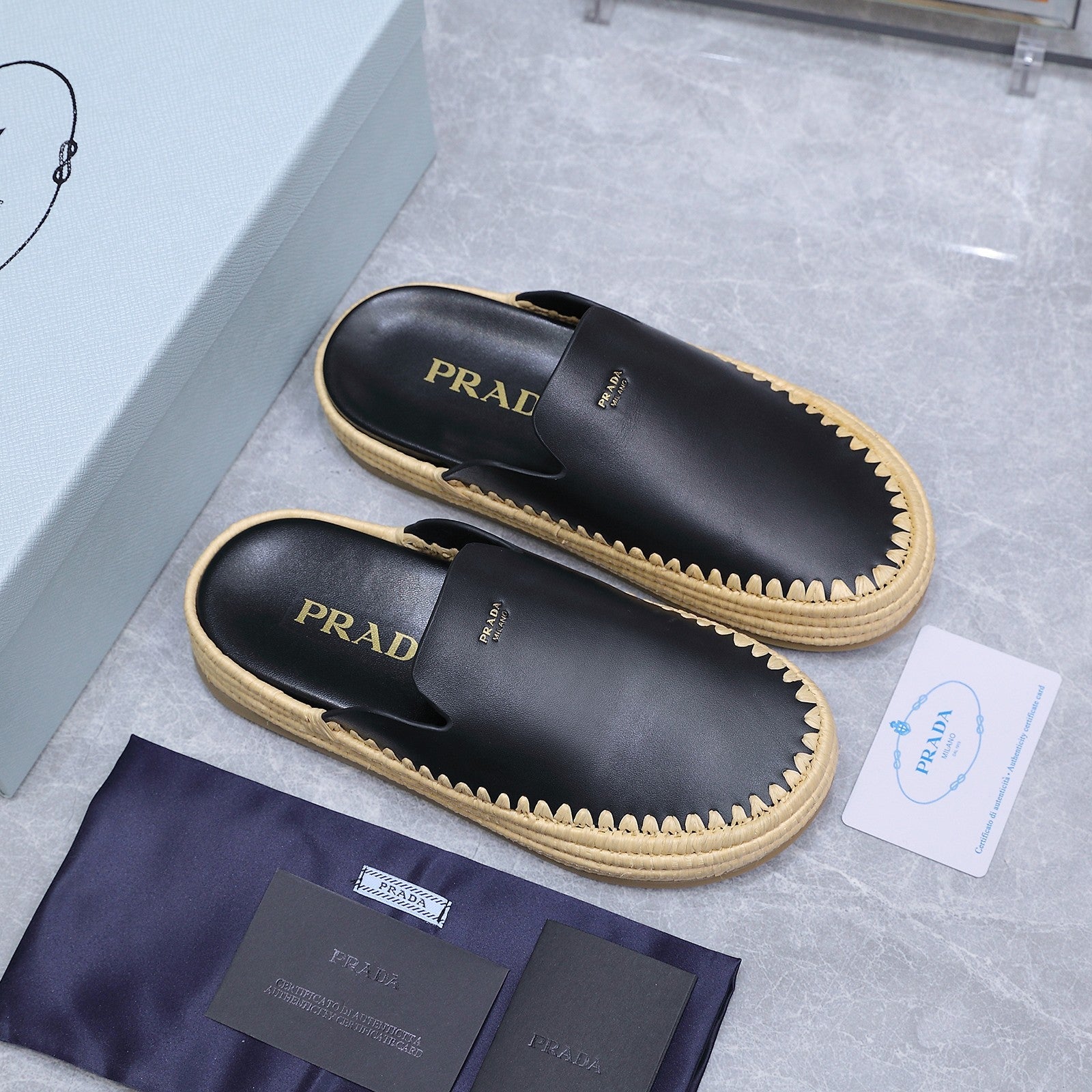 PRADA 26S MULES ESPADRILLES IN BLACK CALFSKIN