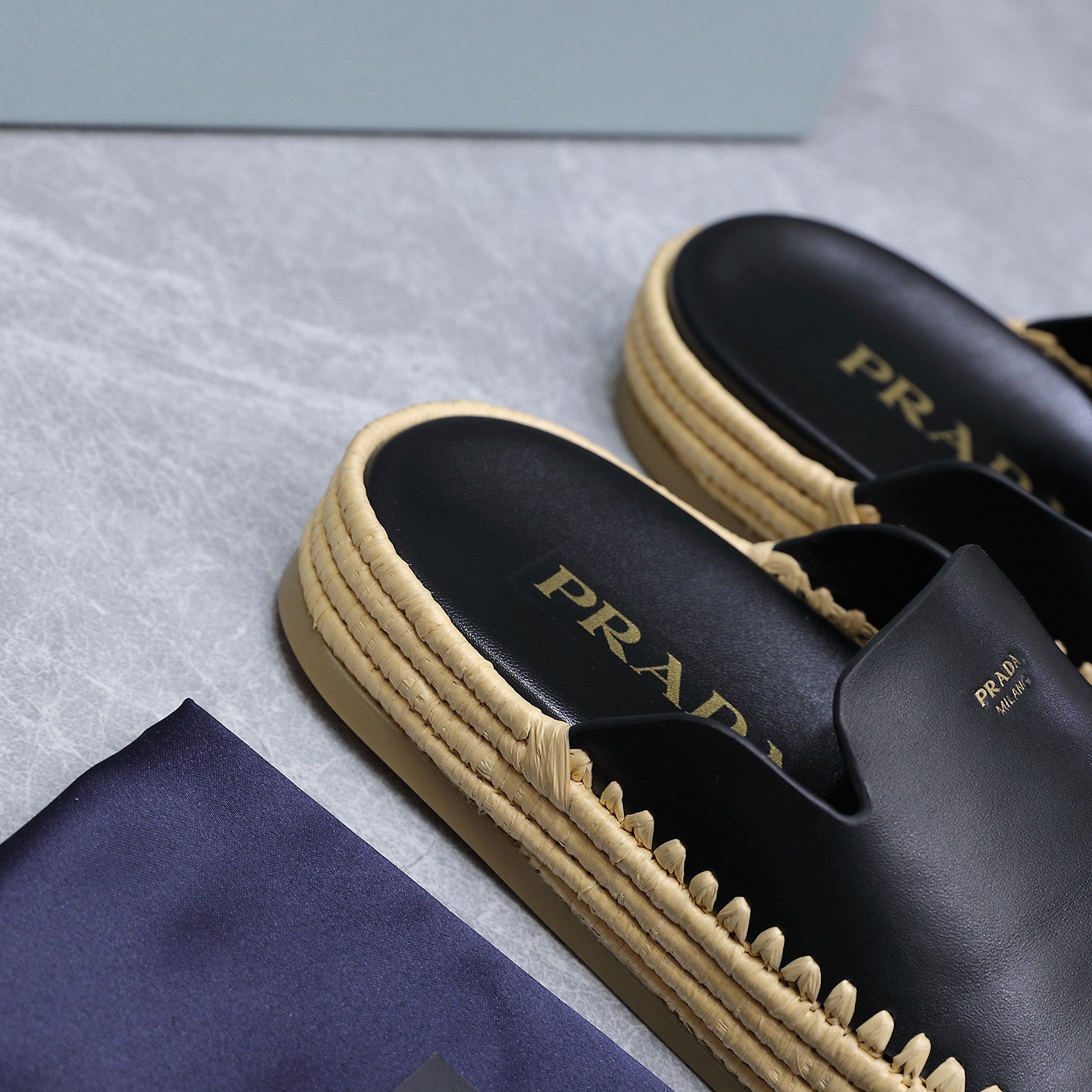 PRADA 26S MULES ESPADRILLES IN BLACK CALFSKIN