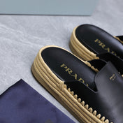 PRADA 26S MULES ESPADRILLES IN BLACK CALFSKIN