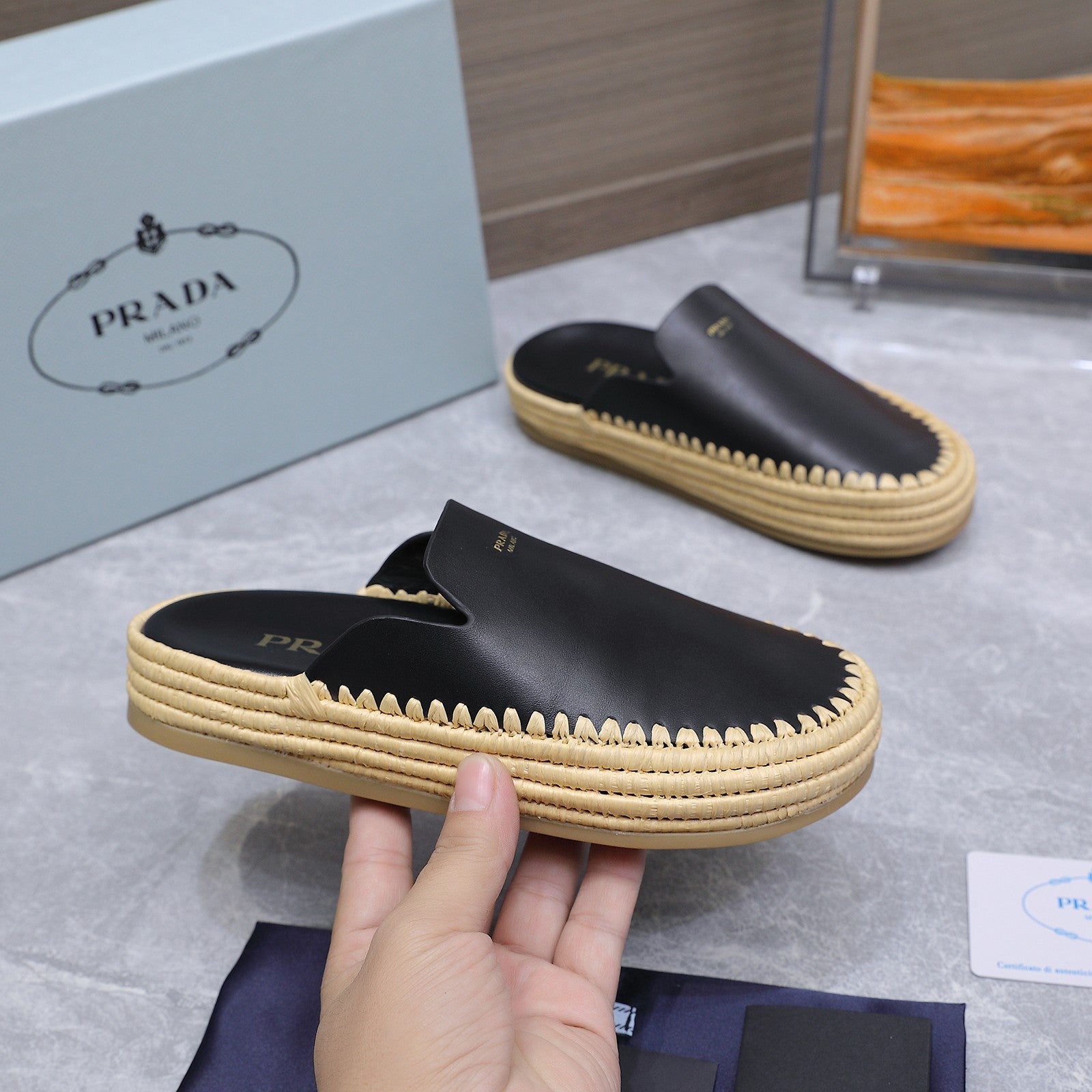 PRADA 26S MULES ESPADRILLES IN BLACK CALFSKIN