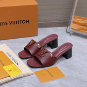 LV 26S BLOCK HEEL MULE SANDALS 55MM IN WINE RED CALFSKIN GOLD HARDWARE