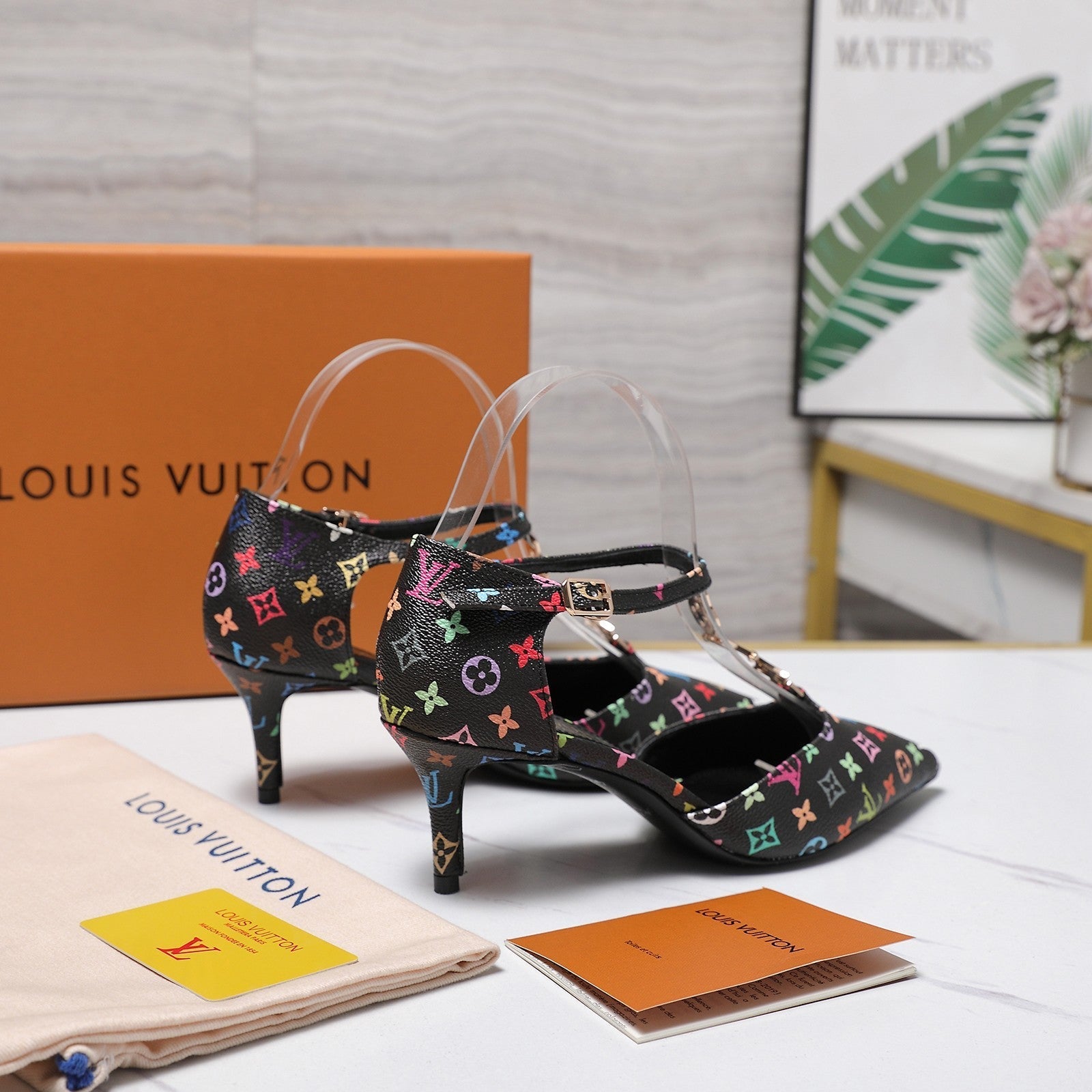 LV 26S ELEGANT T-STRAP HEELS 65MM IN BLACK MULTICOLOR MONOGRAM CALFSKIN GOLD HARDWARE
