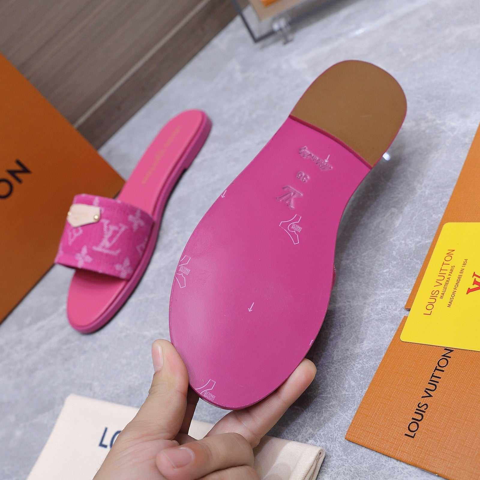 LV 26S FLAT SLIDE SANDALS IN HOT PINK MONOGRAM CANVAS AND CALFSKIN