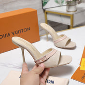 LV 26S HIGH HEELED MULES 95MM IN BEIGE EMBROIDERED MONOGRAM CANVAS