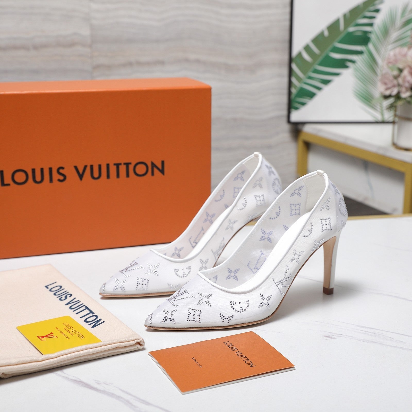 LV 26S GALA HIGH HEELS 85MM IN WHITE MESH WITH WITH RHINESTONES