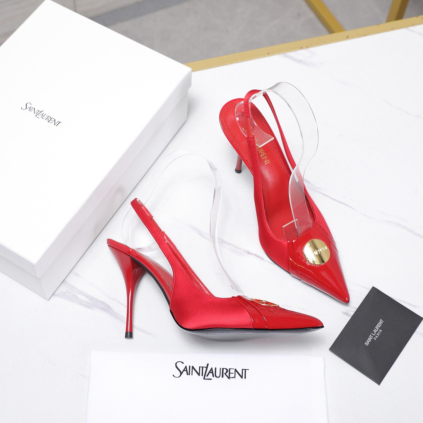 YSL 26S SLINGBACK PUMPS 100 MM IN RED SATIN AND CALFSKIN