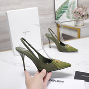 YSL 26S SLINGBACK PUMPS 100 MM IN MOSS GREEN SATIN AND CALFSKIN