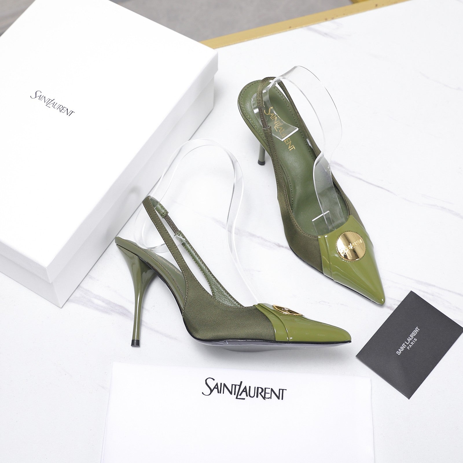 YSL 26S SLINGBACK PUMPS 100 MM IN MOSS GREEN SATIN AND CALFSKIN
