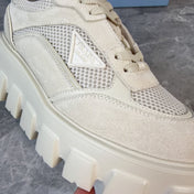 PRADA 26S GEAR SOLE SNEAKERS IN LIGHT BEIGE SUEDE AND MESH