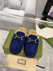 HORSEBIT MULE IN ROYAL BLUE SUEDE AND FLEECE LINING