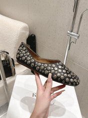CELINE 26S FLAT SHOES IN BLACK CALFSKIN WITH METAL STUDS