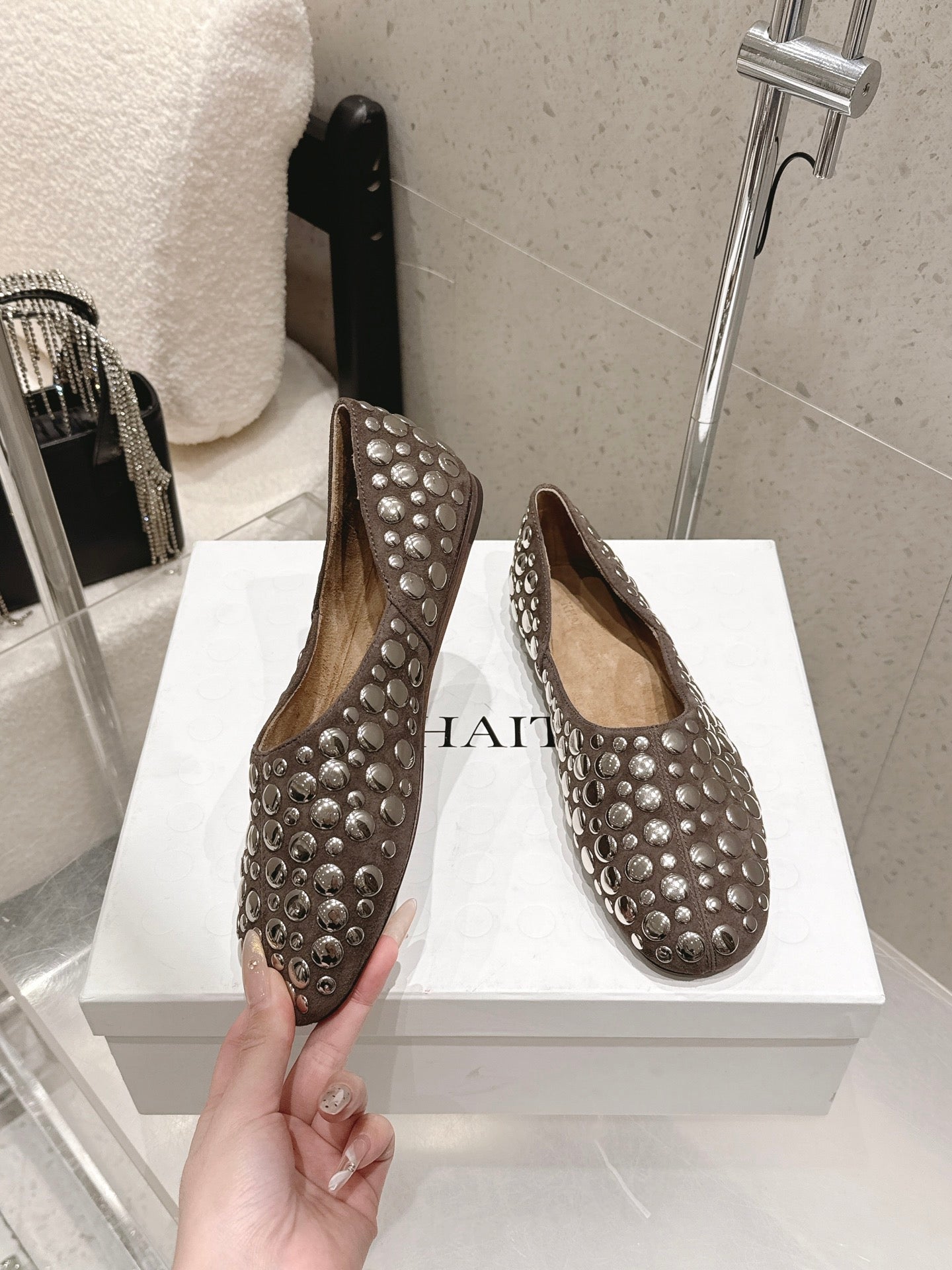 CELINE 26S FLAT SHOES IN TOFFEE BROWN SUEDE WITH METAL STUDS